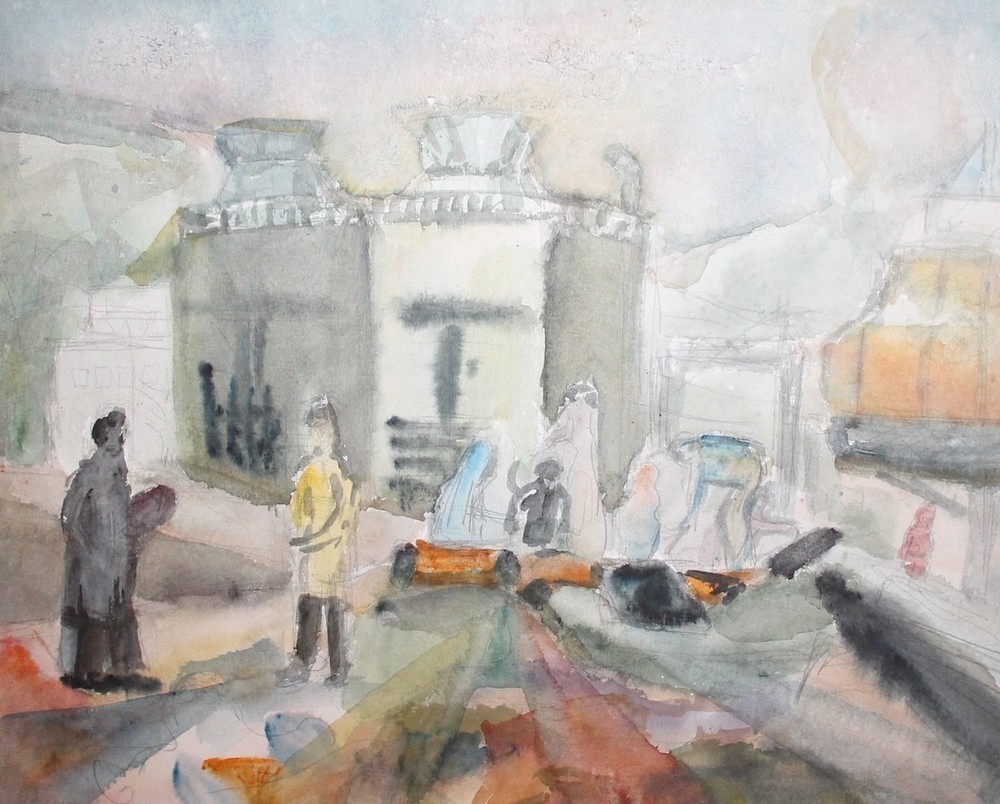 Vintage Expressionist landscape watercolor painting factory