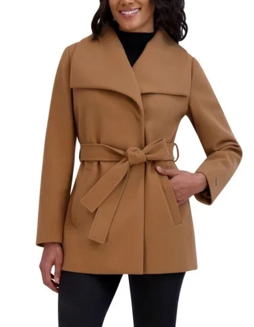 Tahari Womens Coat Wrap Faux Wool Water-Resistant Pockets Tie Belt, Tan,  XL