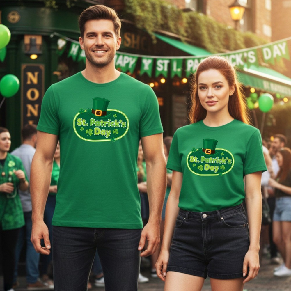 St Patricks Day Shamrock Hat T-Shirt Print Happy Saint Patrick's Gift Couple Top