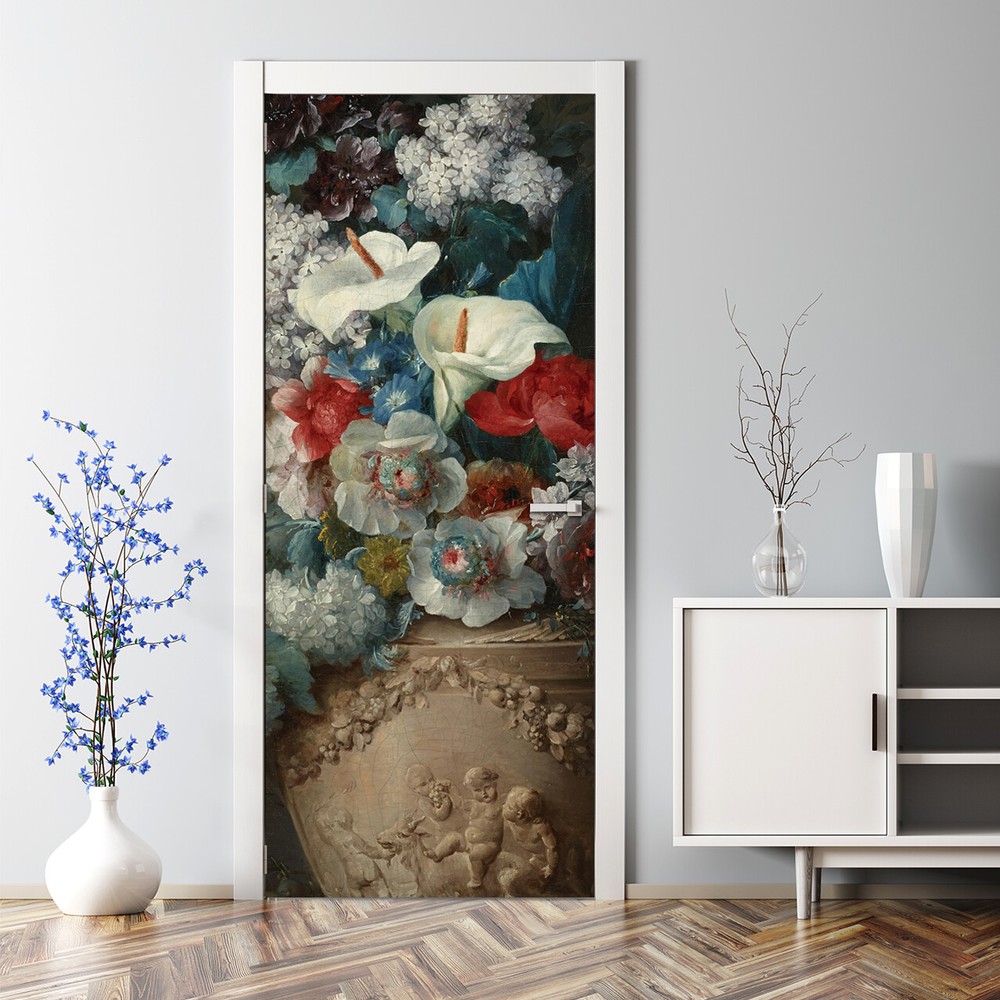 Dark Floral Vase Oil Painting Decal - Bubble-Free Still Life Door Sticker