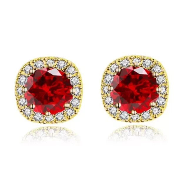 Round Cut Simulated Red Garnet Women's Christmas Gift Stud 14KYellow Gold Plated