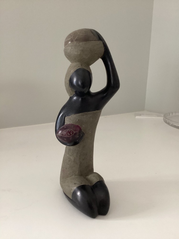 African Art Women with Basket Stone Sculpture Abstract 8.75” Folk-image