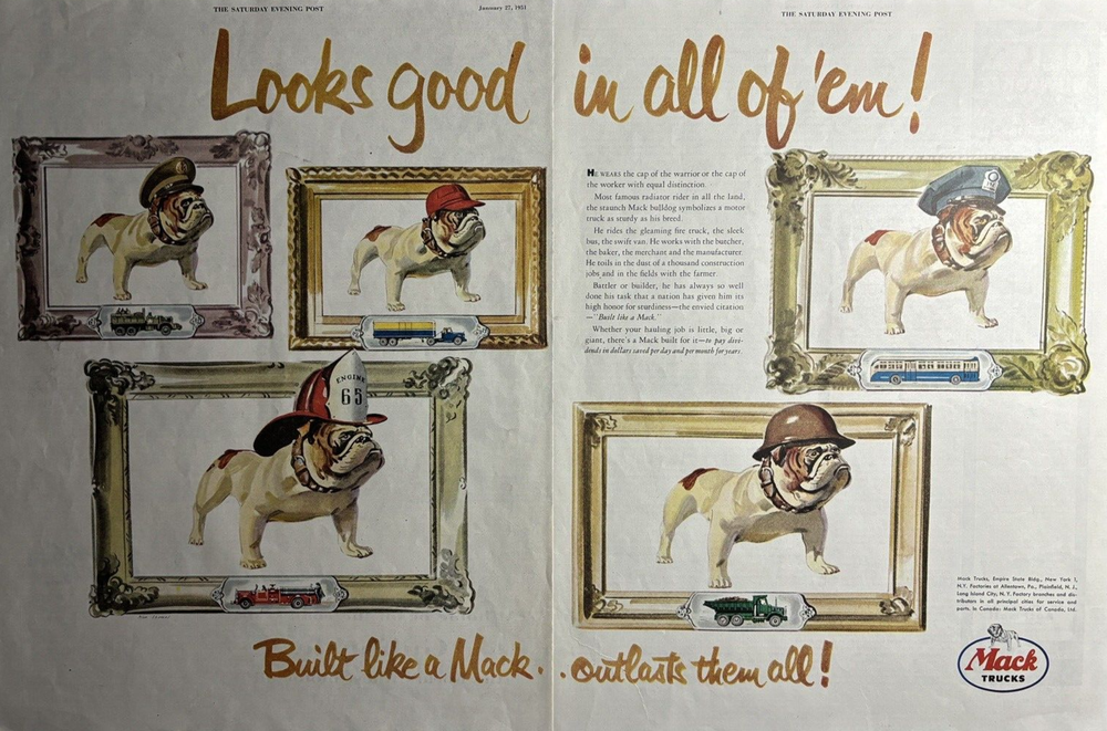 1951 Mack Trucks Bulldog Outlasts All Looks Good Fire Truck Police VTG Print Ad