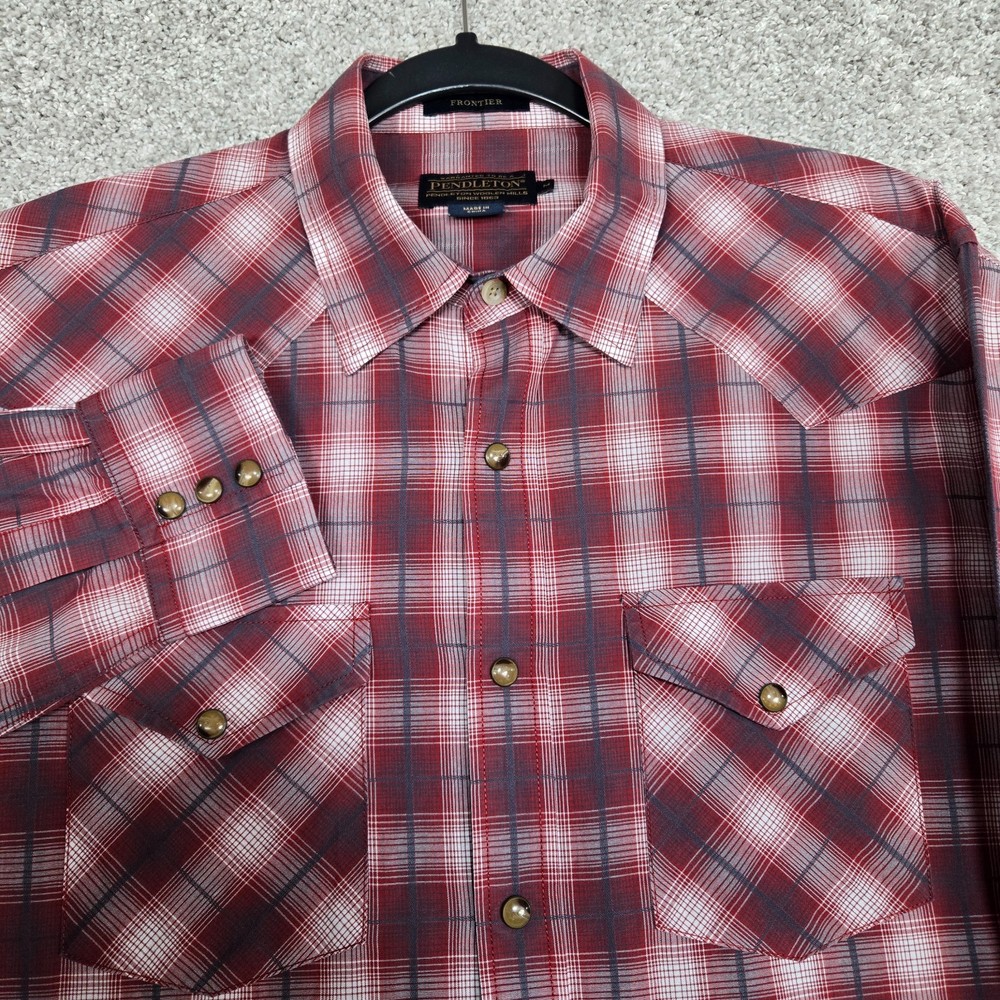 Pendleton Frontier Shirt Men Medium Red Gray Plaid Western L/S pearl snap