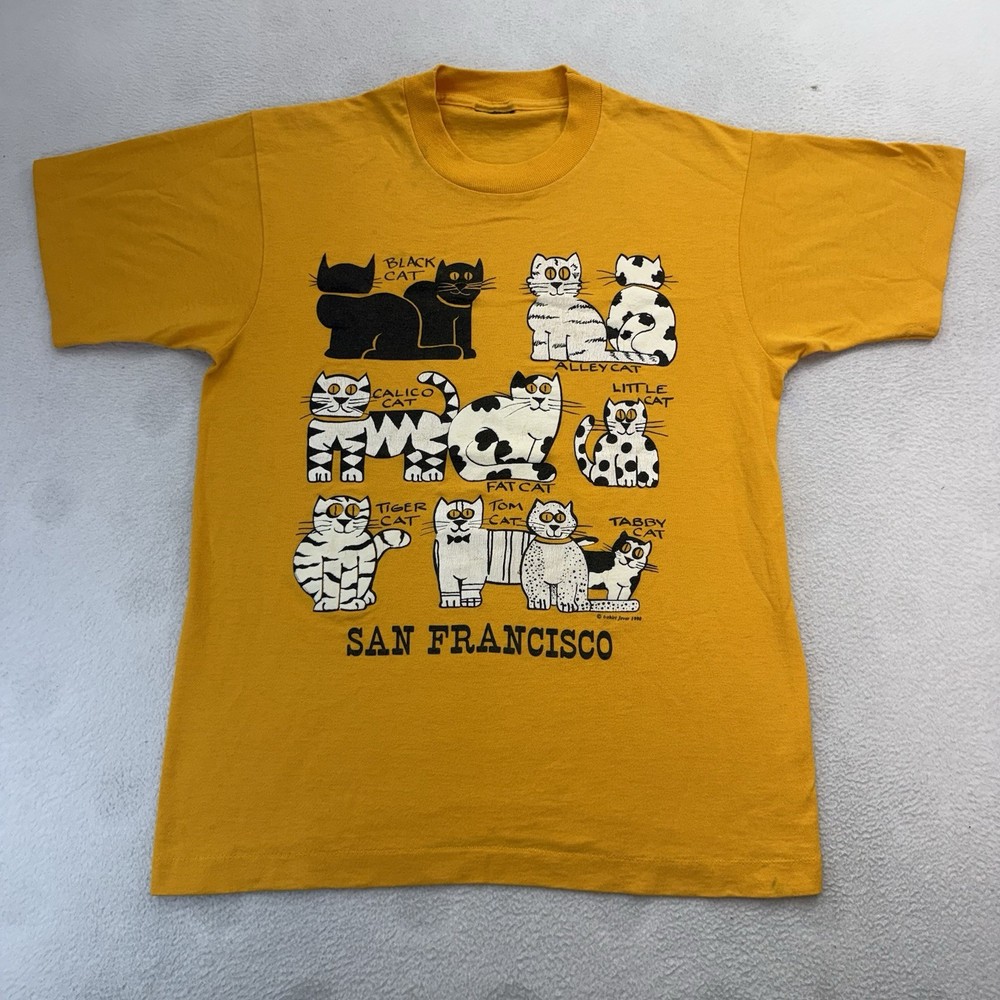 Vintage 90s Types of Cats T-shirt San Francisco Yellow Single stitch Shirt Small