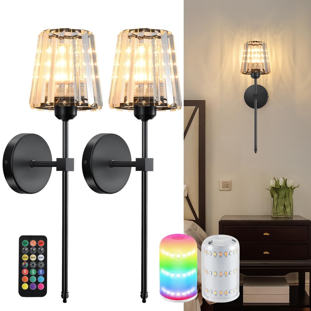 Battery Operated Crystal Wall Sconces Set of 2, Black Wireless Wall Sconce wi...