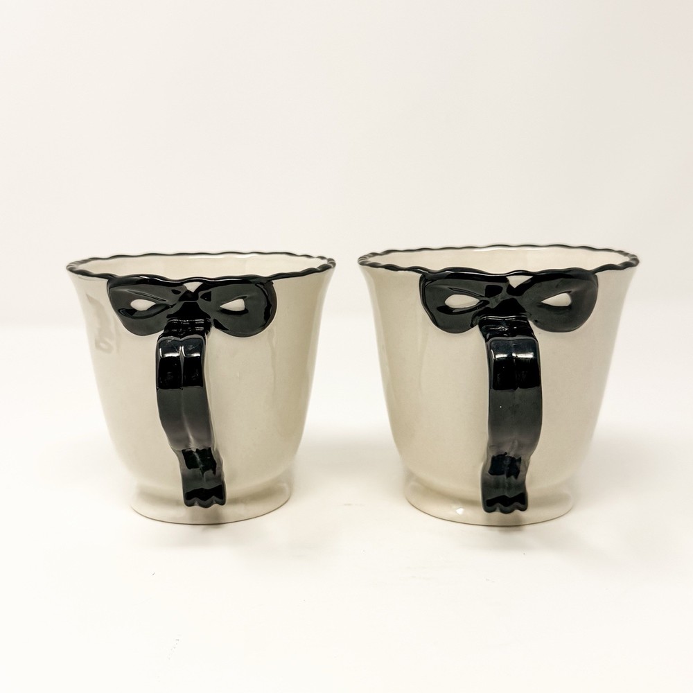 Anthropologie Benedita Bow Mugs Set Of 2 White Black Stoneware Scalloped NWOT