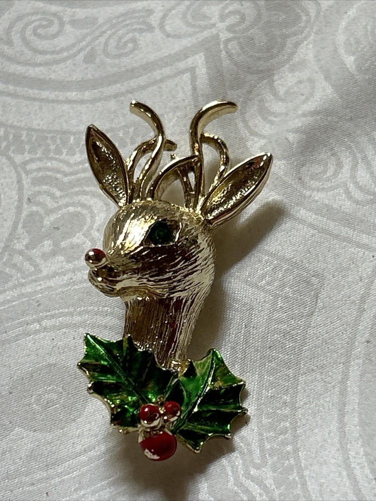 Vtg Gerry’s Christmas Rudolph Reindeer Brooch Pin Holly Berry Gold