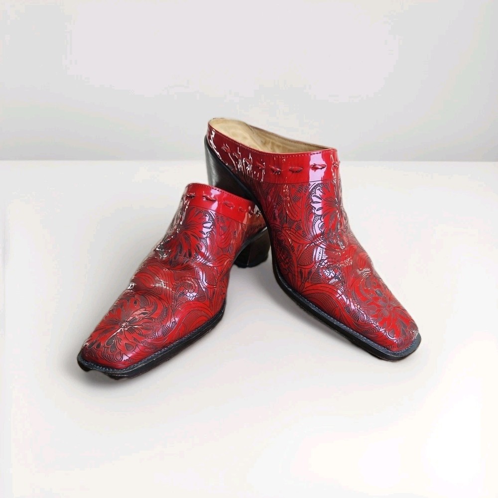 Charlie Horse Mules Women's Size 7.5 B Floral Embossed Red Leather Handmade...