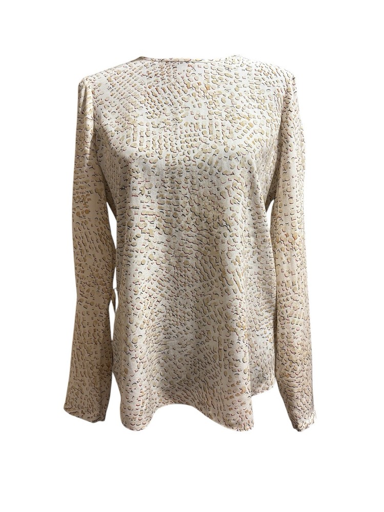 White House Black Market Women’s Size 6 100% Silk Blouse V-Back Office Tan/White