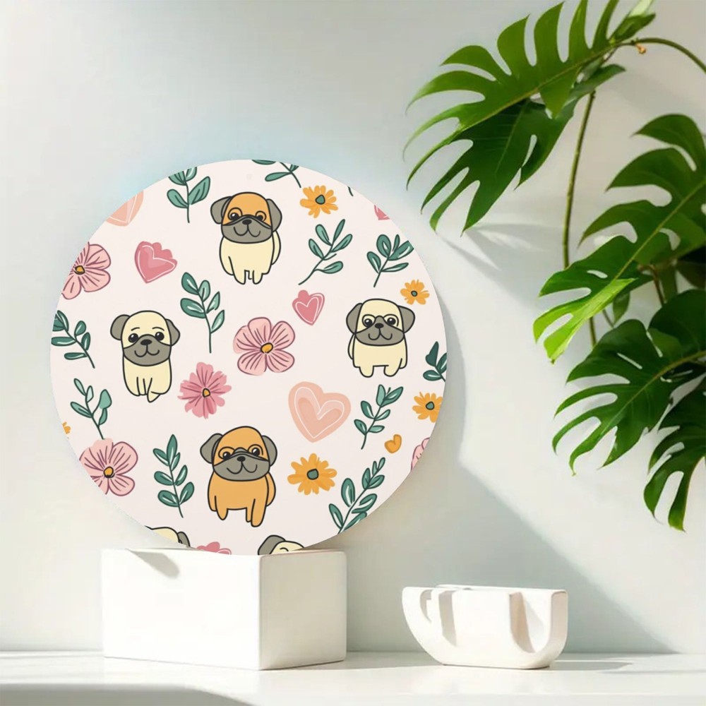 Yorkshire Terrier Floral Dog Round Aluminum Decor Pink Flowers Green Leaves