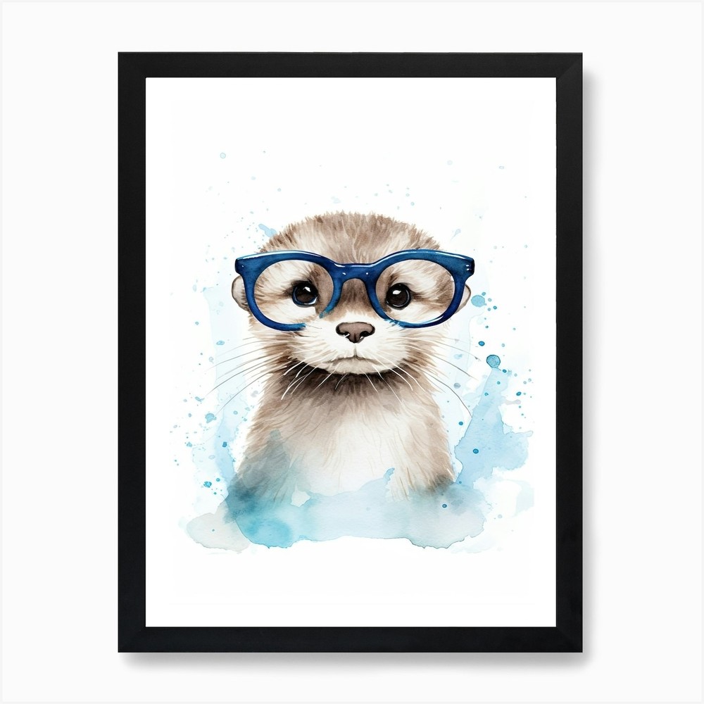 Smart Baby Otter in Glasses Framed Wall Art Canvas Print  