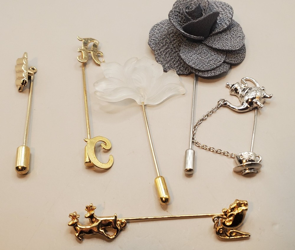 6 Vtg Stick Pins: Avon Tea Pot, Reindeer & Sleigh, Flowers, Initials, Gold Tone