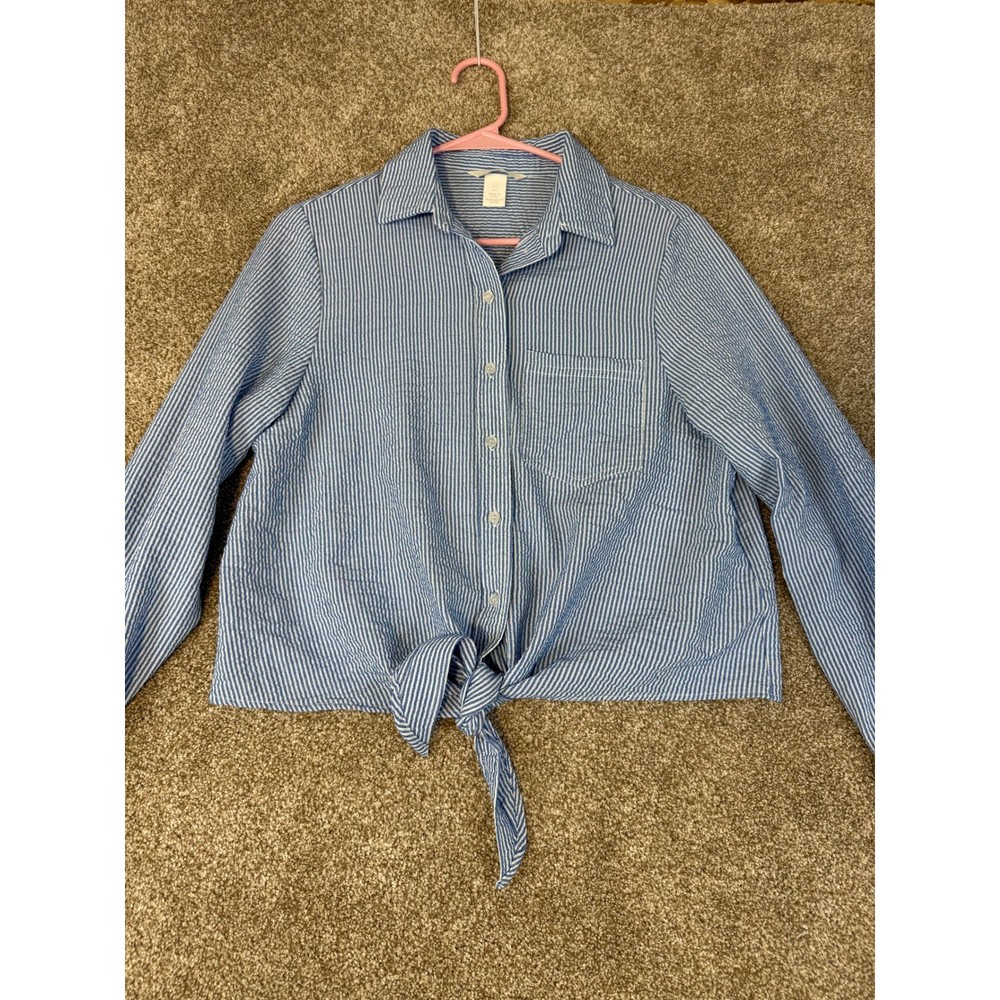H&M Blue White Striped Seersucker Tie Front Button Down Shirt Blouse Womens 4