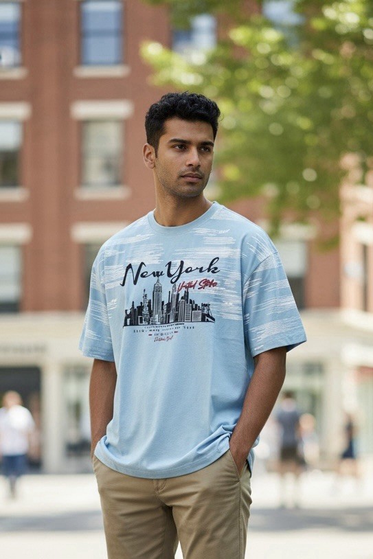vertical Men's S Blue Cotton Knit Crew Neck Short Sleeve New York Graphic Tee