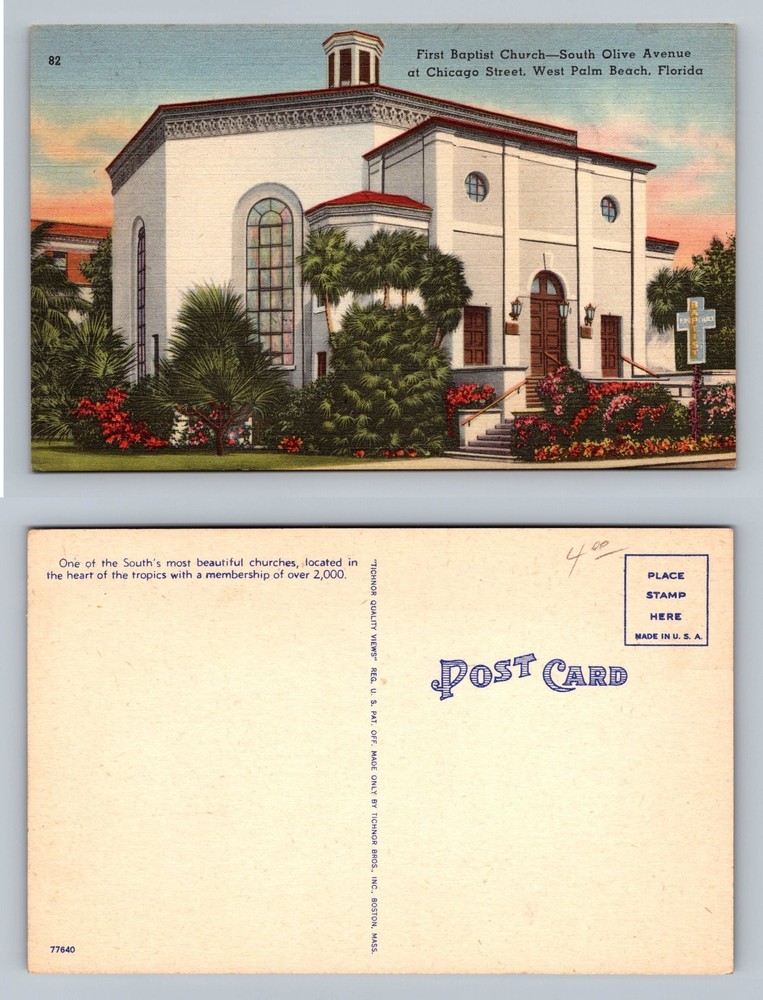 West Palm Beach, FL-Florida, First Baptist Church Chicago St Vintage Postcard