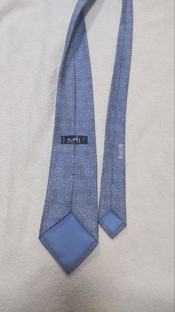 HERMES Necktie Tie Geometric Authentic Blue Men's Used Made in France 100% Silk