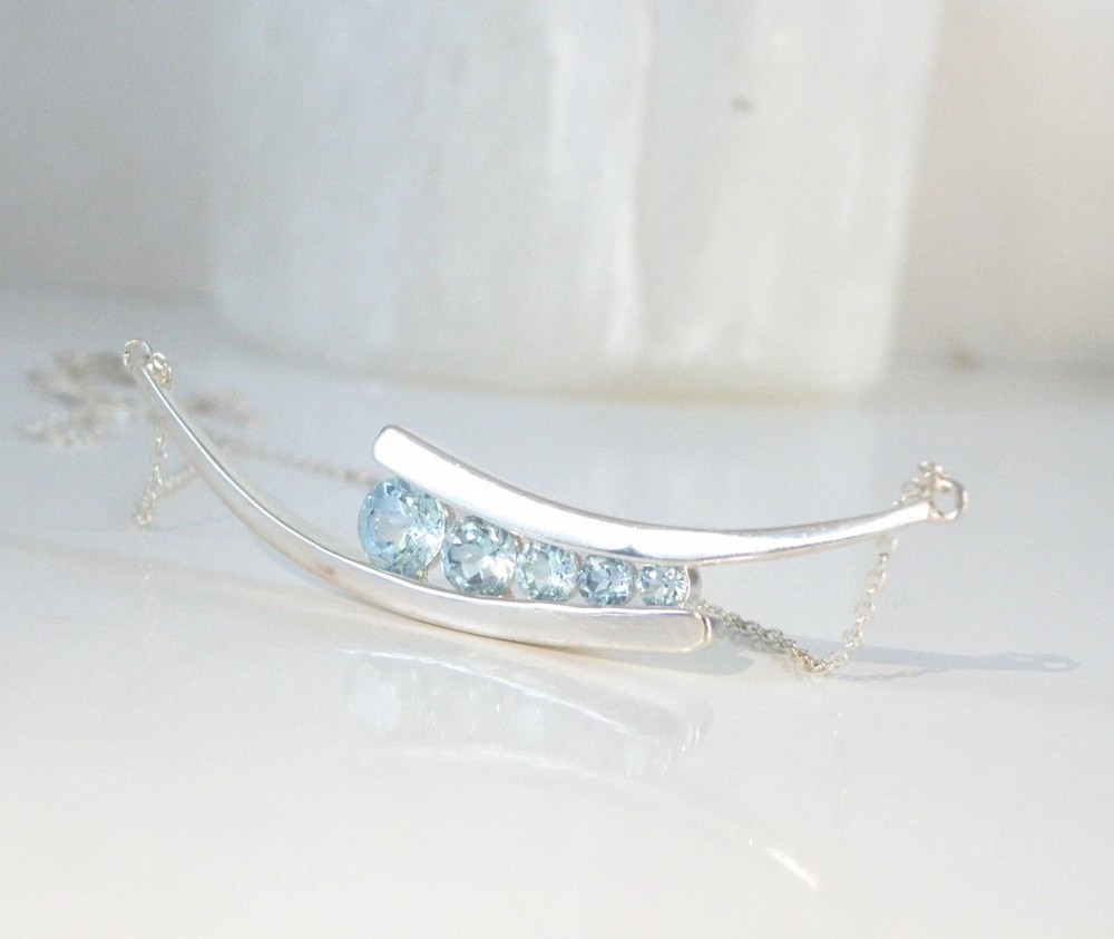 Vintage Sterling Silver 925 Natural Heated Blue Topaz Channel Set Necklace 18