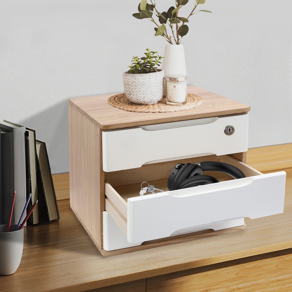 Wooden Desktop Storage Box with Lockable Drawers Office Supplies File Organizer