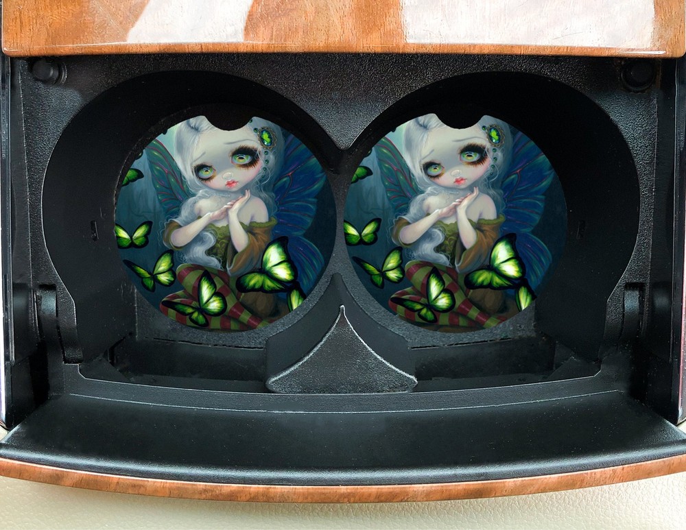 Absinthe Butterflies - Green Car Coasters- Jasmine Artwork - Woodland Fairy-image