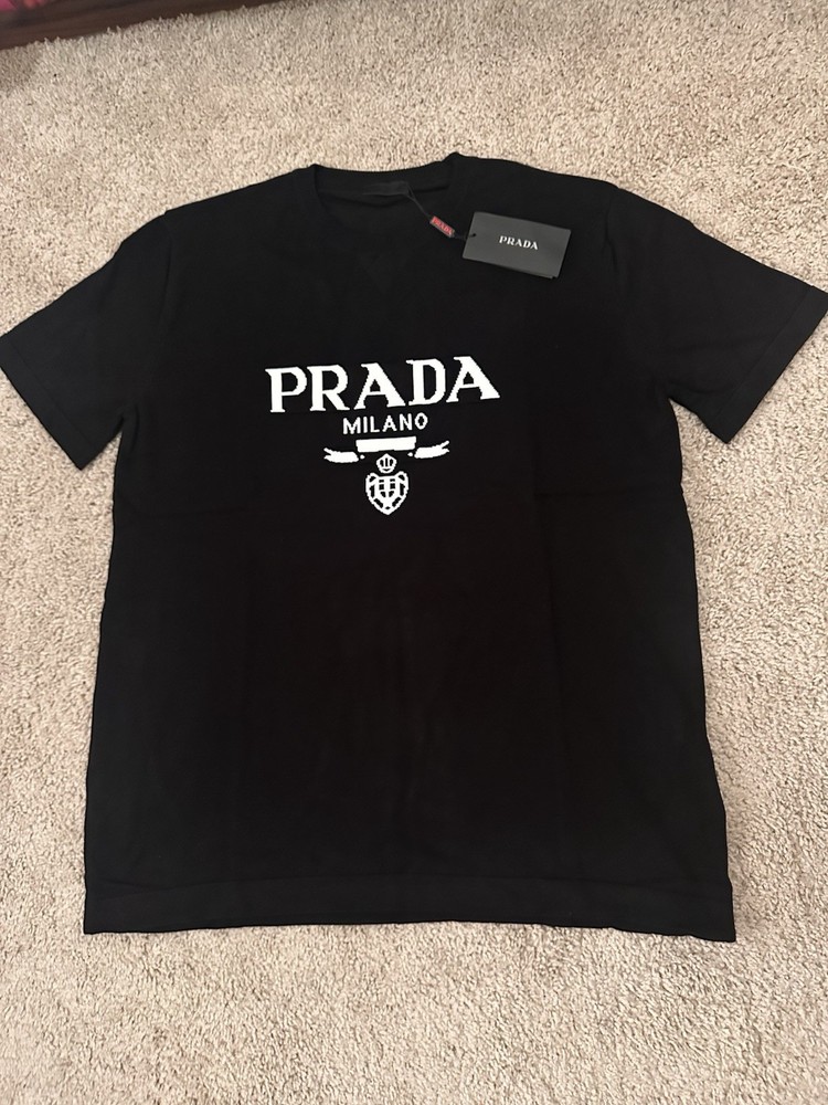 Prada Milano Logo Cotton T-Shirt, Crew Neck, Black/White, Size XL