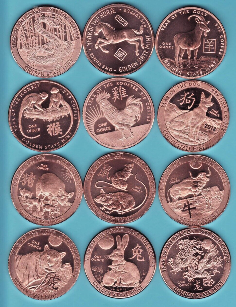 2013 - 2024 CHINESE  Zodiac Lunar Year  12 COIN SET  1 oz Copper Round Coins NEW