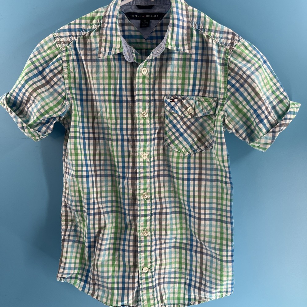 Tommy Hilfiger Button Down Shirt Boys Plaid Medium 12-14 Blue Pocket Cotton NWTS