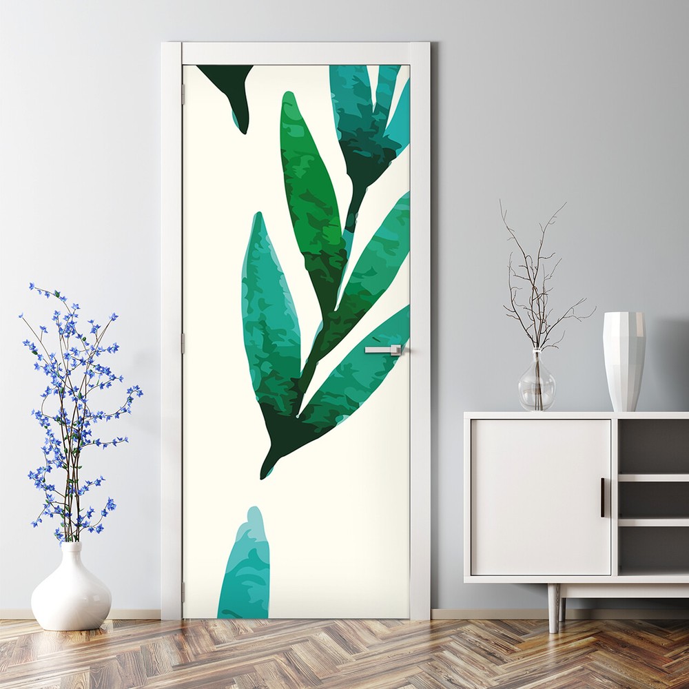 Green hand drawn leave Bubble Free Door sticker mural Self Adhesive Peel & Stick