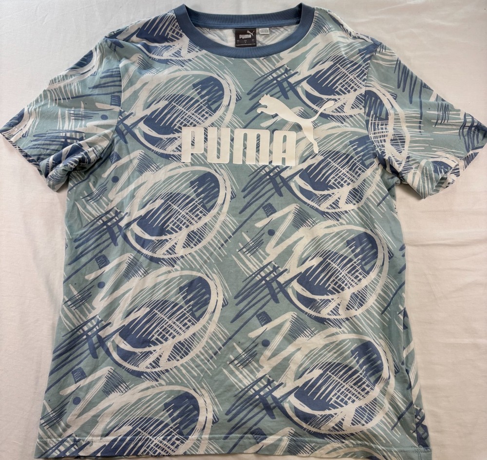 Puma Way 1 Shirt Mens Sz Large Vintage 90s Print Blue 100% Cotton Crew Neck