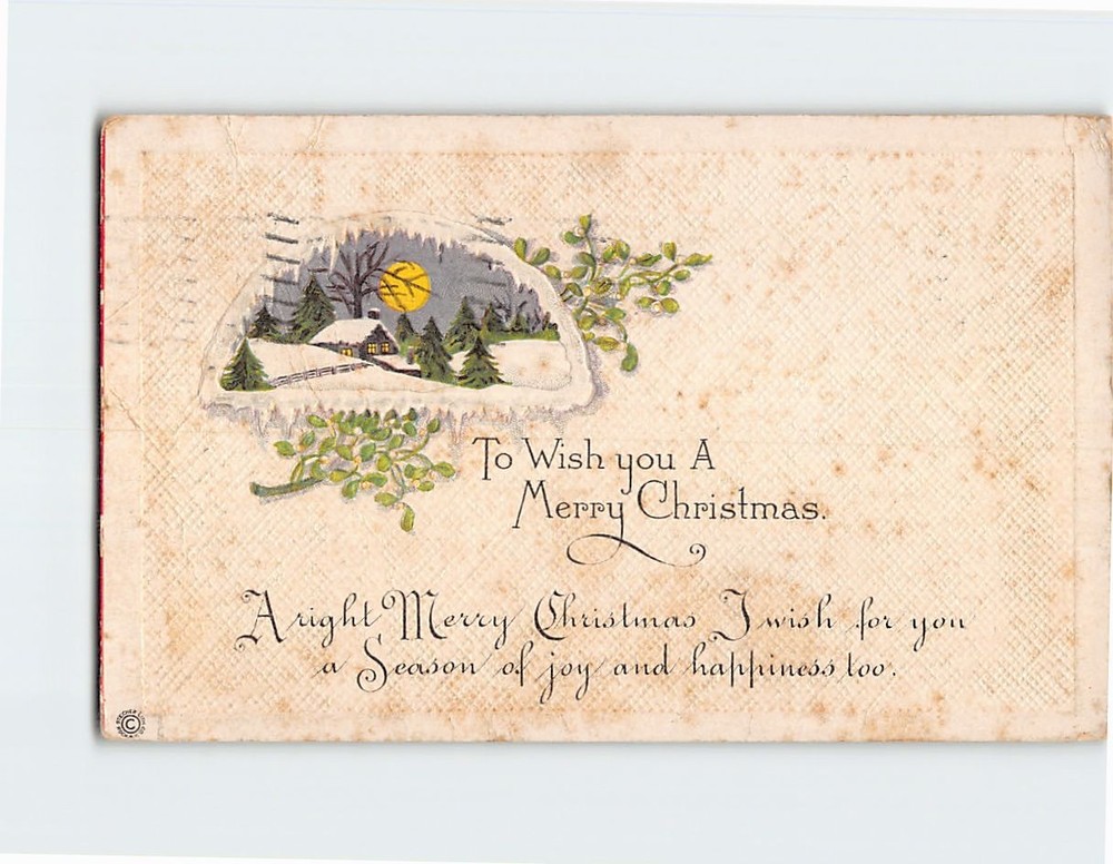 Postcard Embossed Winter Scene and Floral Art Print Christmas Holiday Greetings