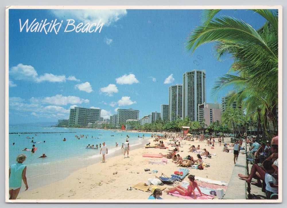 Honolulu Hawaii, Waikiki Beach Sunbathers Hotels, Vintage Postcard