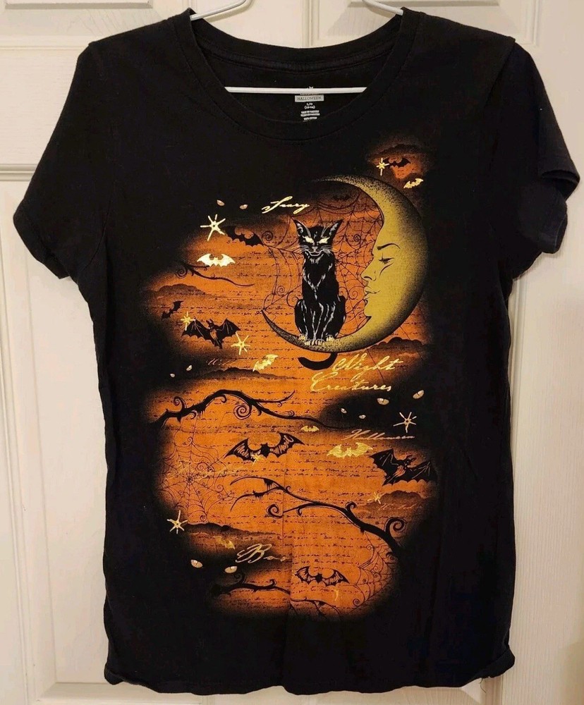 Halloween T-Shirt Cat On Moon Night Creatures Sparkly Gold, Orange On Blk Large