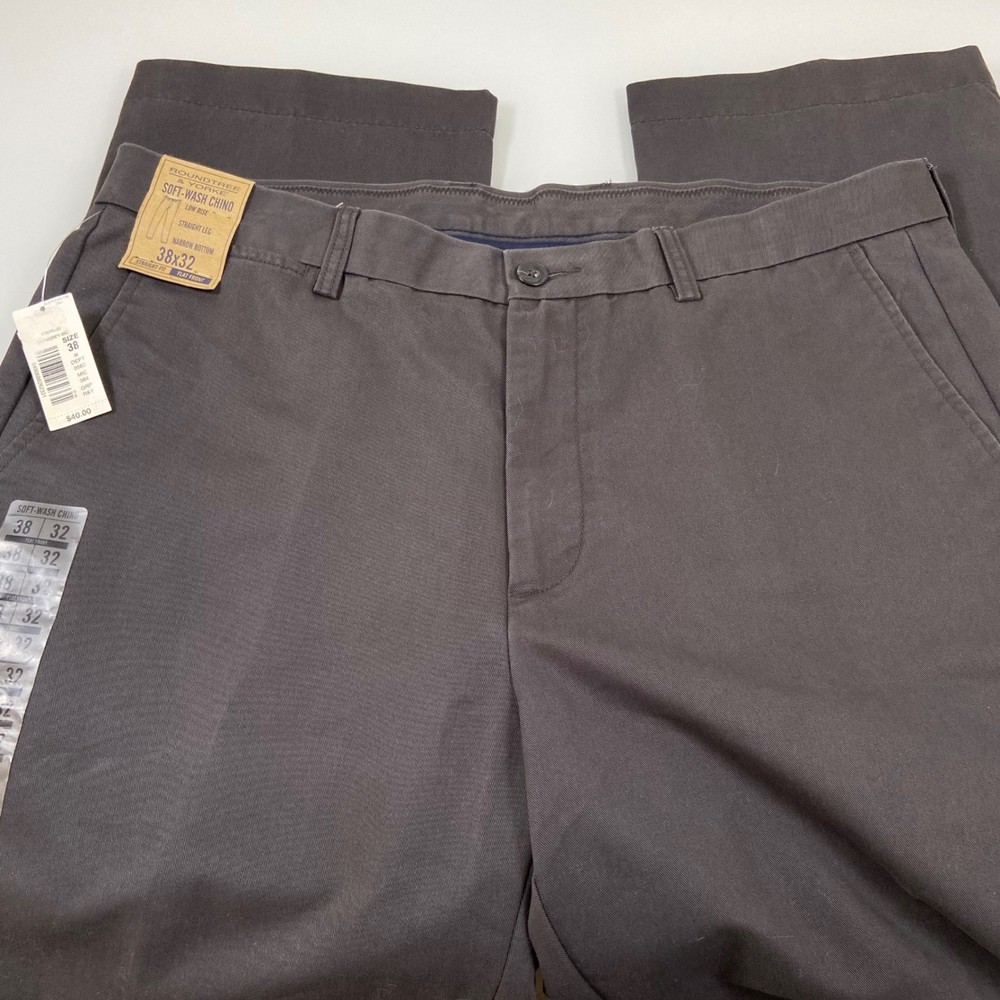 Roundtree & Yorke Mens 38x32 Dark Grey Soft Wash Chino Flat Front Pants NEW