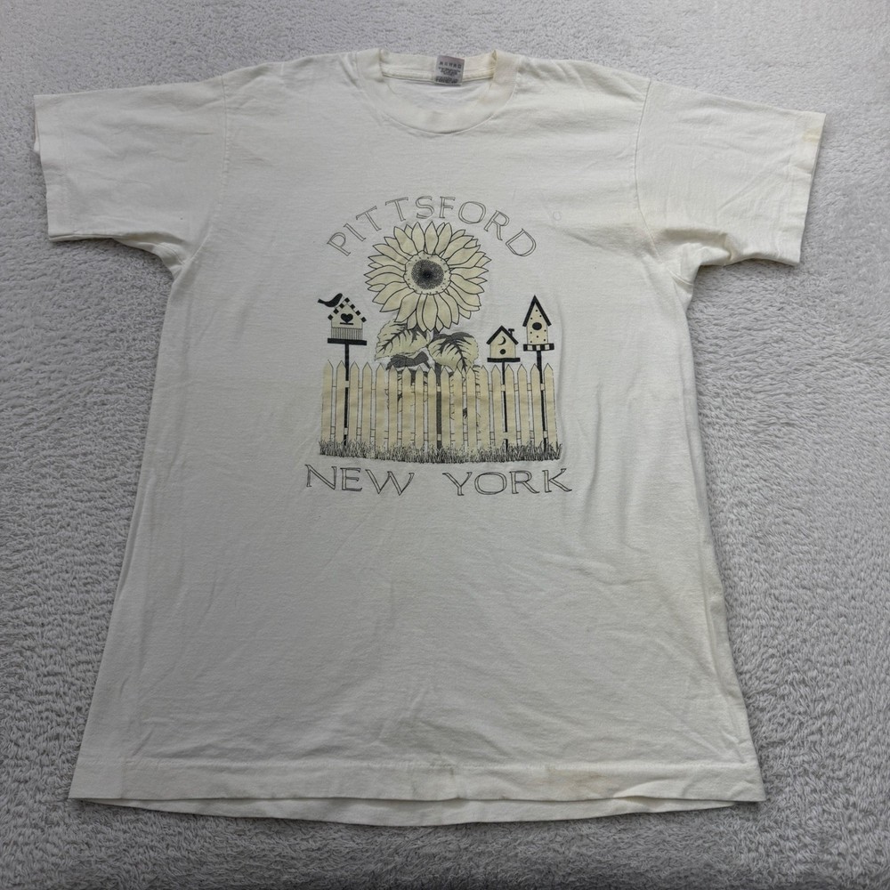 Vintage Fruit of the Loom Pittsford New York Sunflower T Shirt Mens L Cream 90s