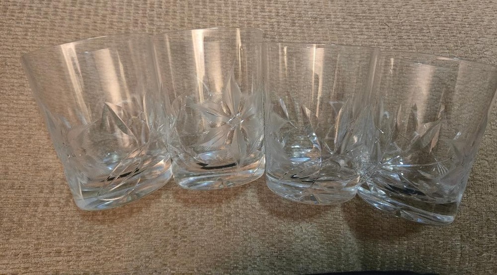 4 Vintage 4” Flower Etched Whiskey Glasses