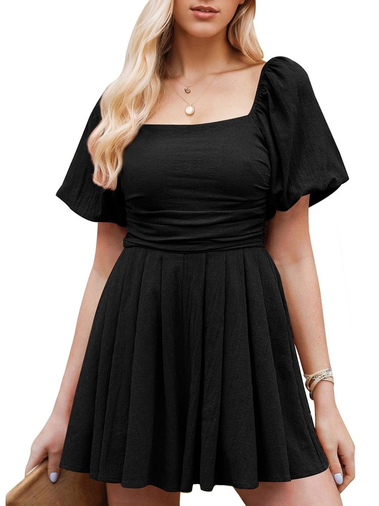 Women's Rompers Cute Puff Sleeve Elastic Square Neck Casual Short Romper Jumpsui