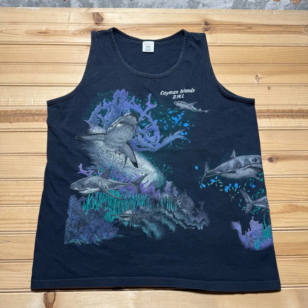 Vintage 90s Cayman Islands BWI Shark Reef Graphic Souvenir Tank Top USA - Large