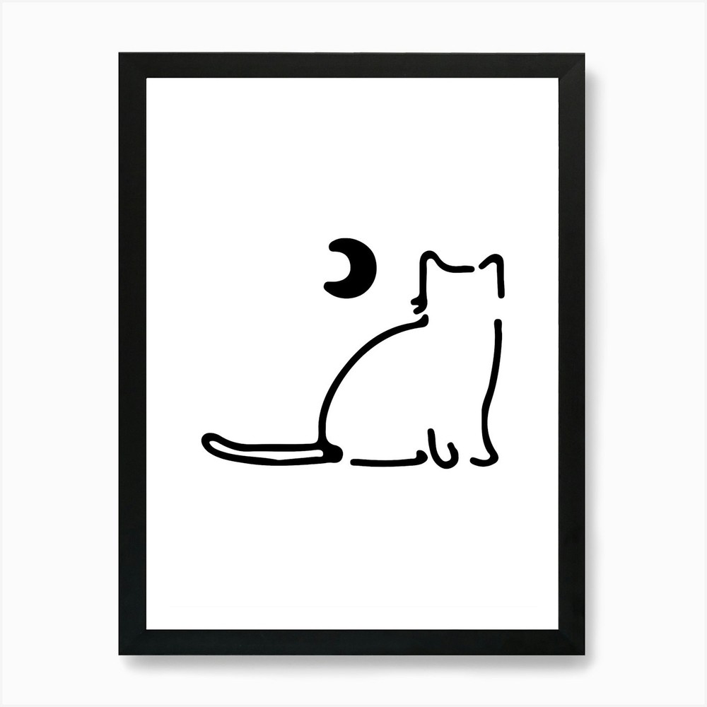Cat And Moon hand drawing cute illu Framed Wall Art Poster Canvas Print Picture
