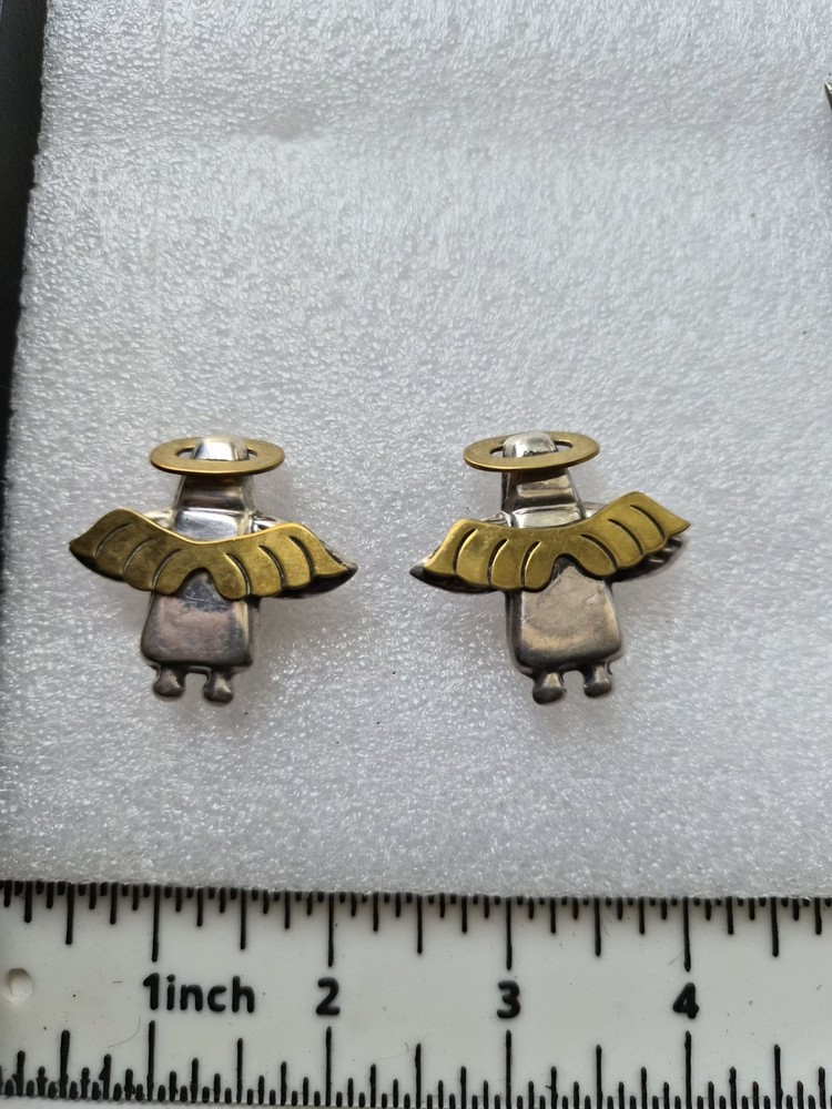 vintage Mexican sterling silver and brass angel  clip on earrings