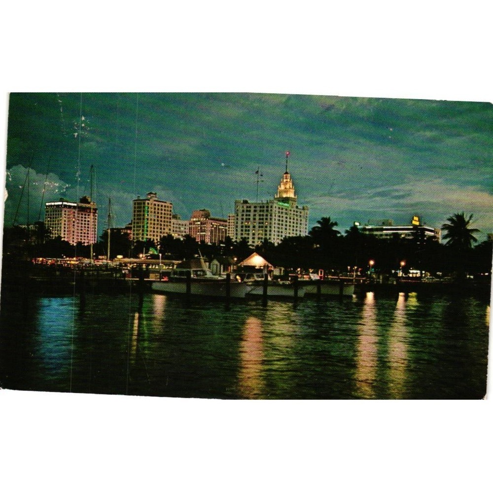 Vintage 1957 Miami Florida Postcard Magic City Night Skyline Eventide Chrome