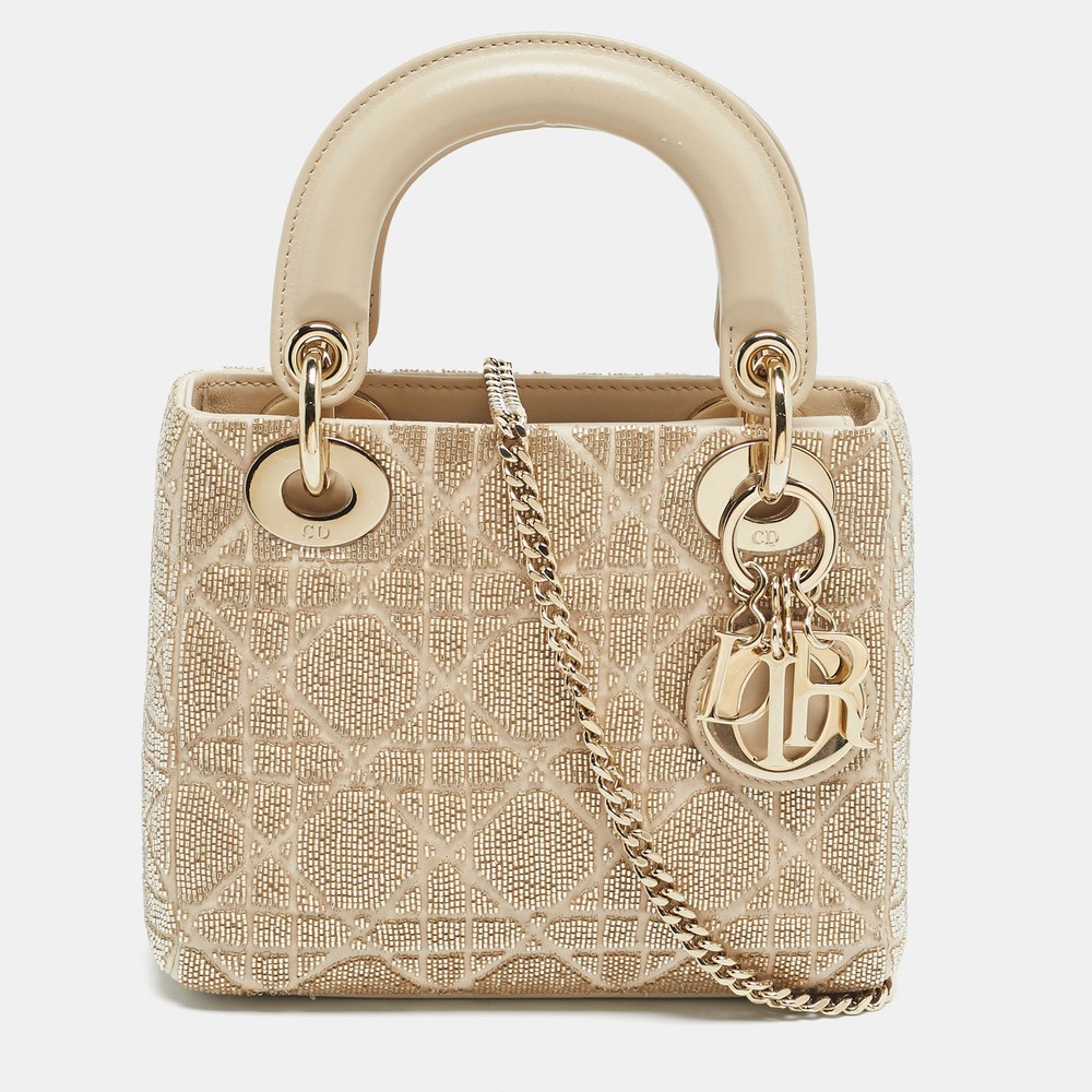 Dior Beige Cannage Beads and Fabric Mini Lady Dior Tote