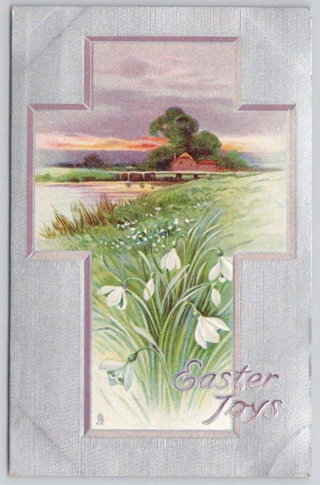 Raphael Tuck Easter Joys Silver Cross Embossed Postcard Snowdrops Saxony