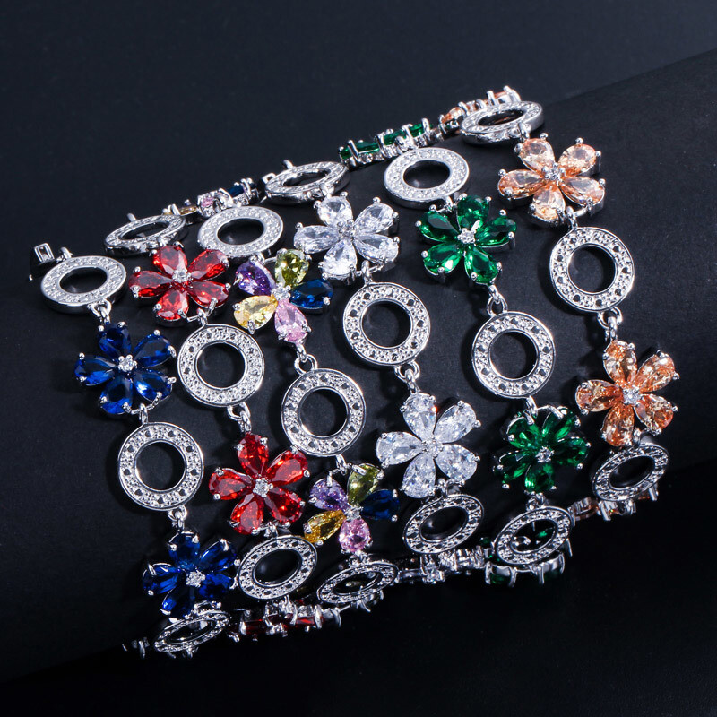 Silver Plated Round Flower Cubic Zirconia Tennis Bracelet for Women Wedding Prom