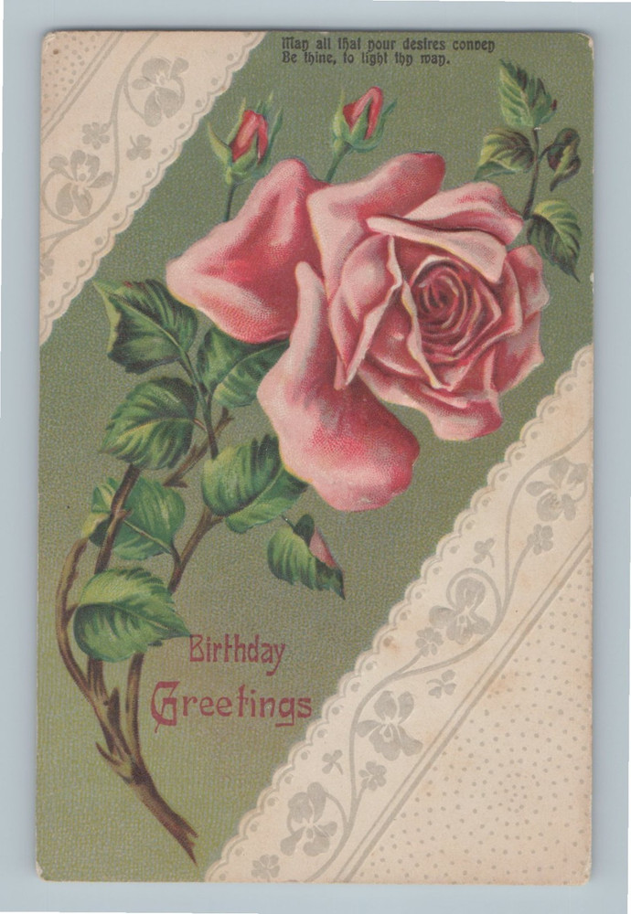 Birthday Greetings Pink Rose White Lace Design Embossed Antique Postcard H7