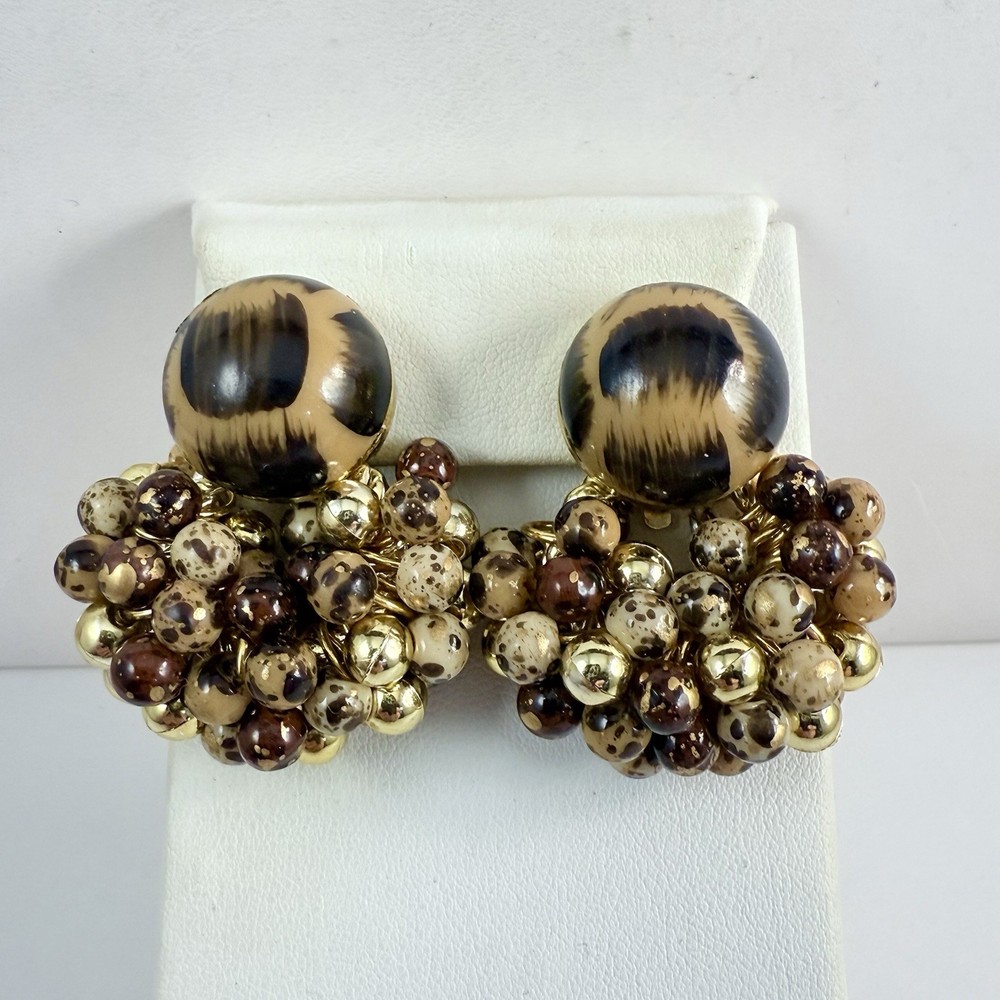 Vintage Gold Tone & Brown Beaded Cha Cha Clip on Earrings Convertible