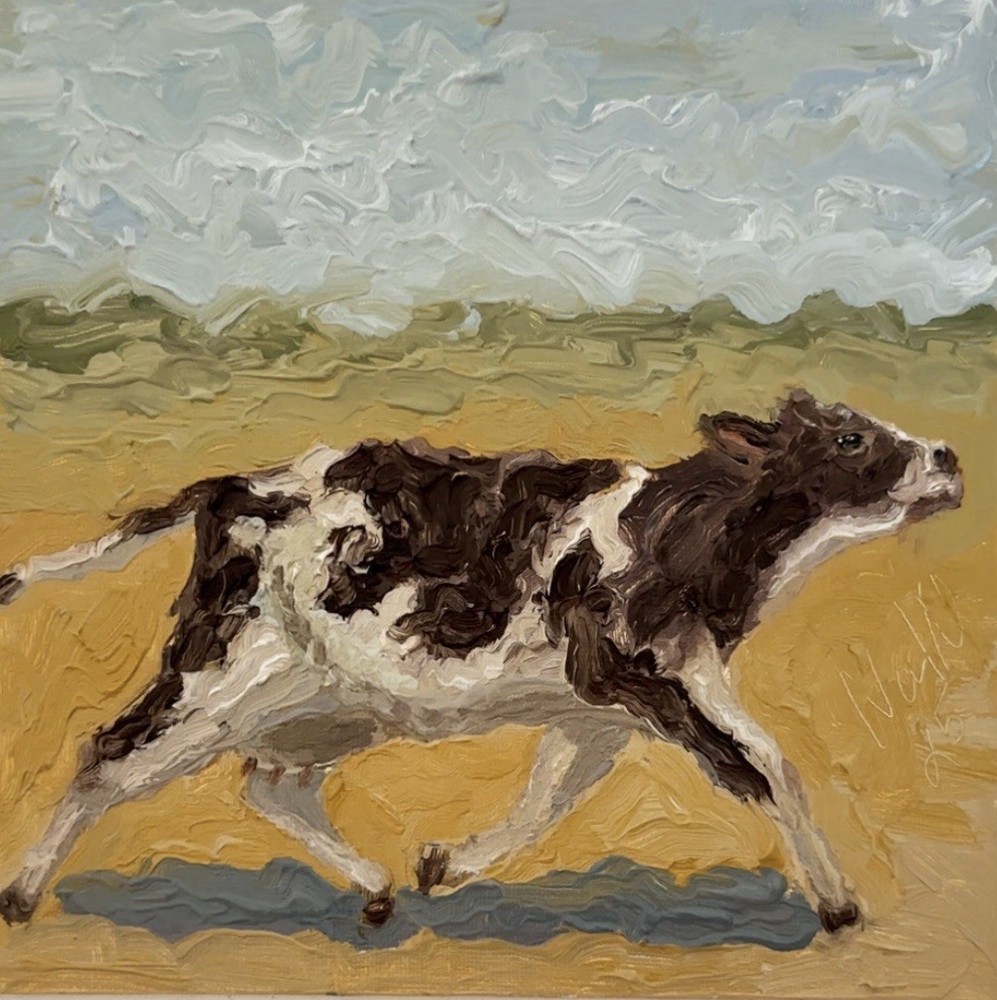 Original Impressionist Oil Painting Cow Landscape Field Fence Sky Animal Art