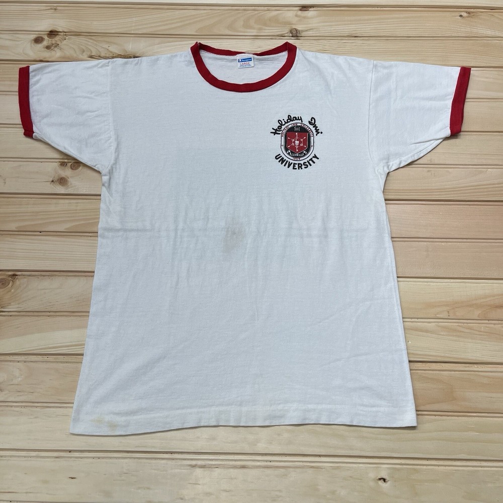 Vintage 70s Champion - Holiday Inn University College Crest Ringer Shirt Size L