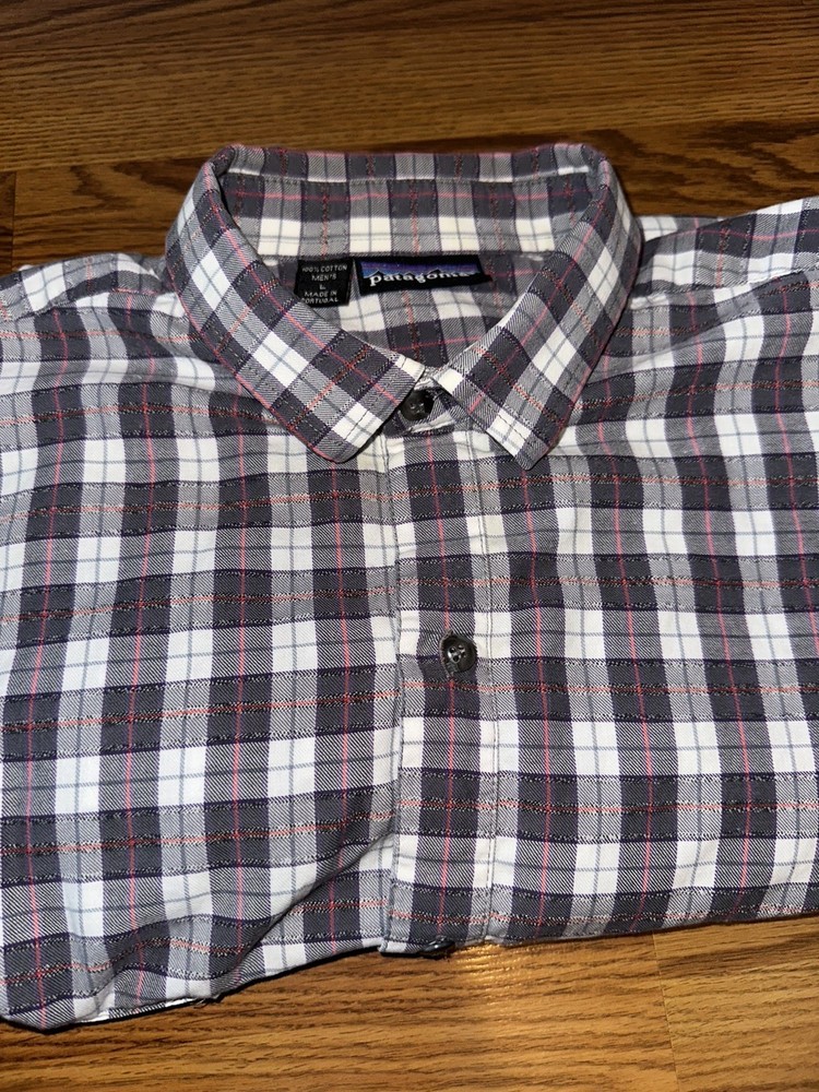 Vtg Patagonia Flannel Plaid Mens Large Gray Pink Purple Portugal 90s Long Sleeve