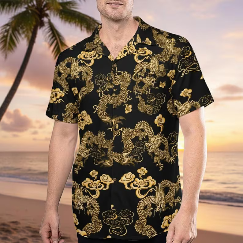 Black Gold Dragon Hawaii Shirt Men's Aloha Beach