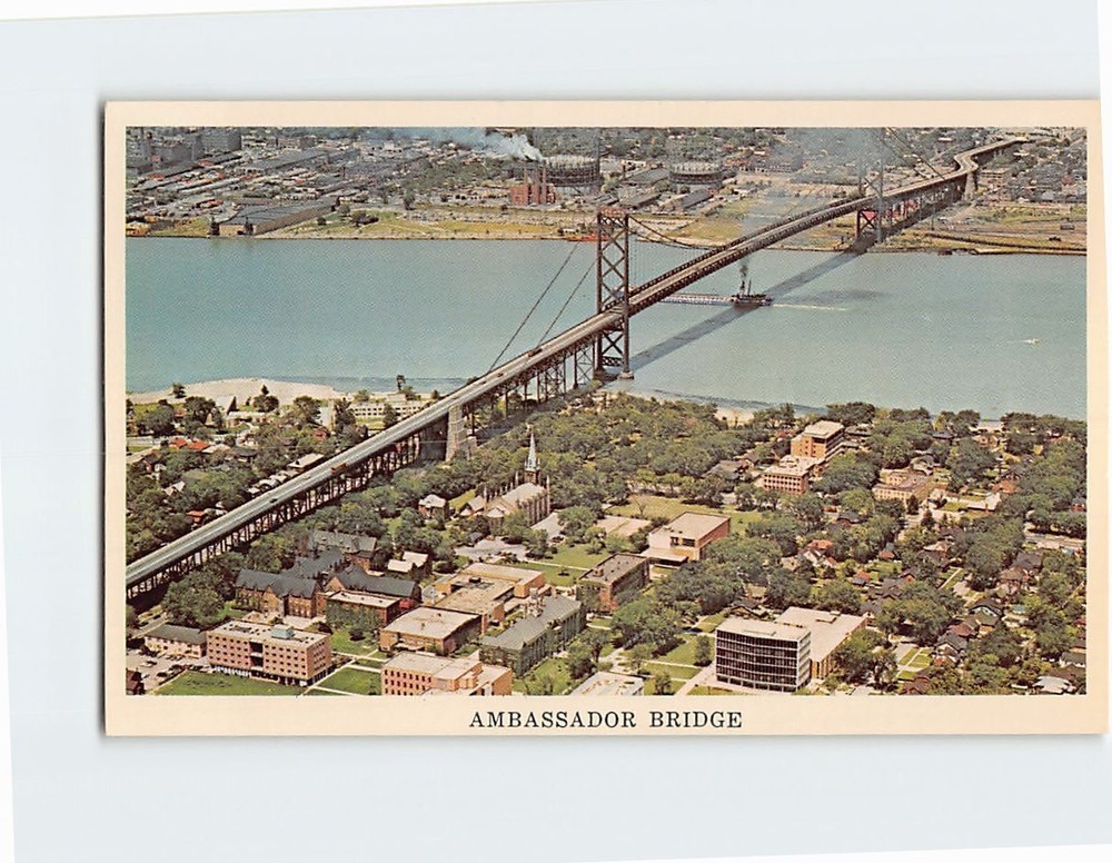 Postcard Aerial View Ambassador Bridge Detroit MI USA & Windsor Ontario Canada